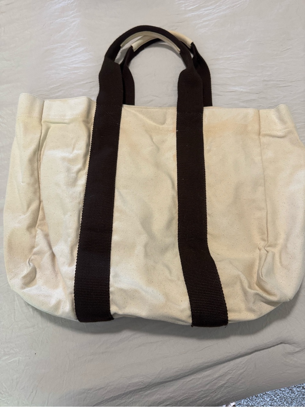 Canvas Tote Bag with Dark Brown Straps - Neutral Cream - Picture 2 of 4